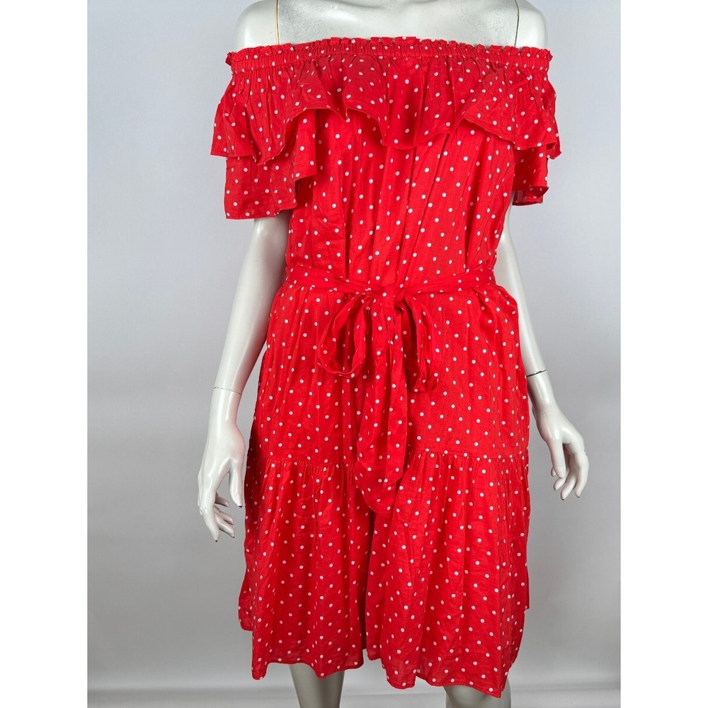 Draper James Sawyer Dress Red Polka Dot‎ Women L NWT $145 Cotton Off Shoulder